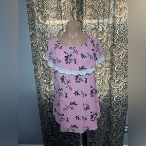 RUE21 Pink Floral Off-The-Shoulder Lace Trim Peasant Top Size: M